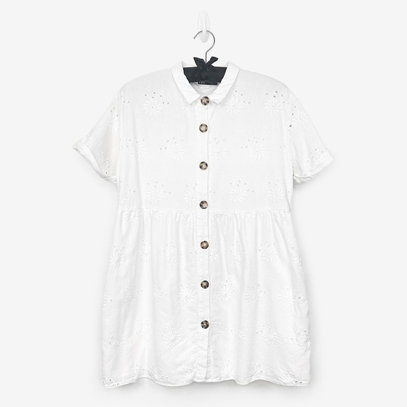Zara Dresses & Skirts - Zara Eyelet Mini Dress‎ Size XL White Babydoll Boho Cottagecore Romantic Coastal